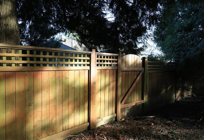 Stained wood fence with a lattice top and an arched gate under tall evergreens